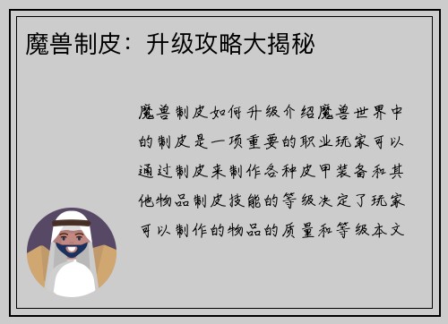 魔兽制皮：升级攻略大揭秘